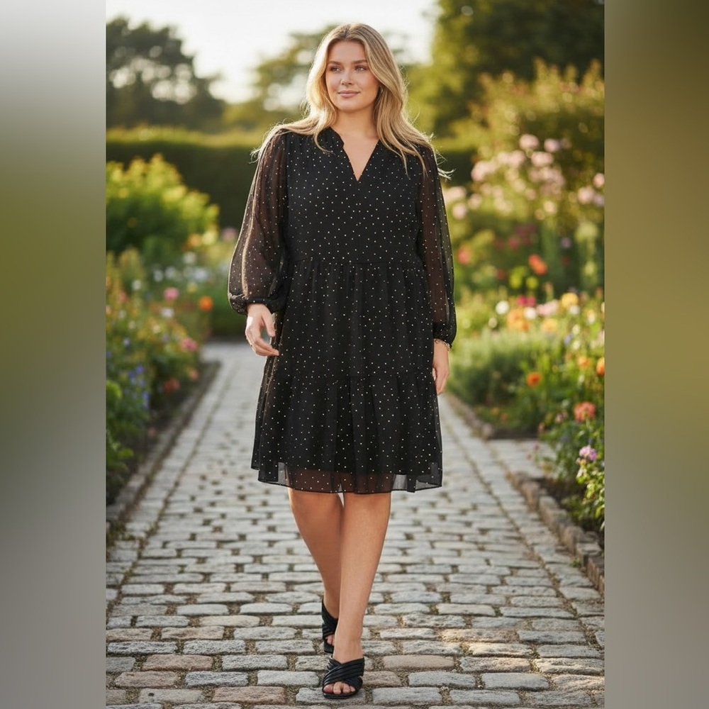 Vince Camuto Black Swiss Dot Chiffon Tiered Dress SZ 3X NWT